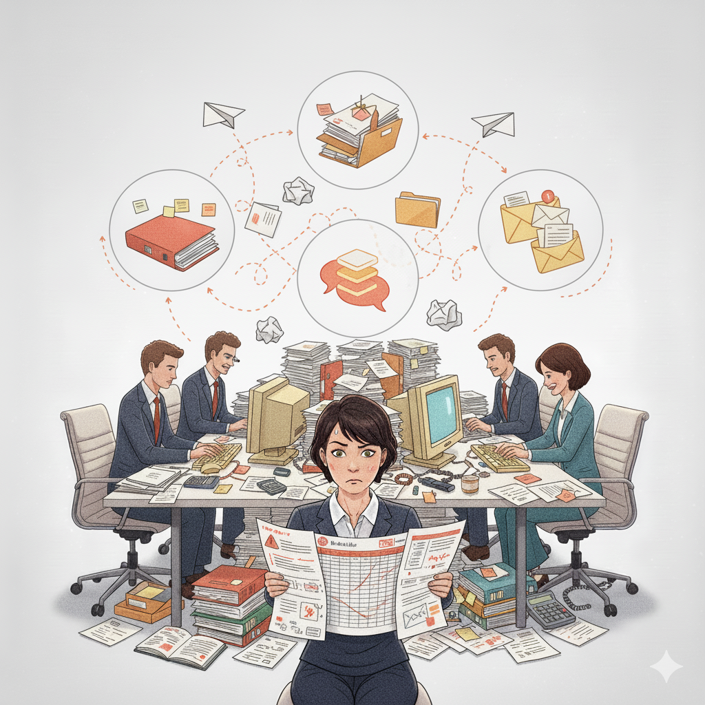 Илюстрация показваща разпокъсани процеси - екип между таблици, чатове и имейли